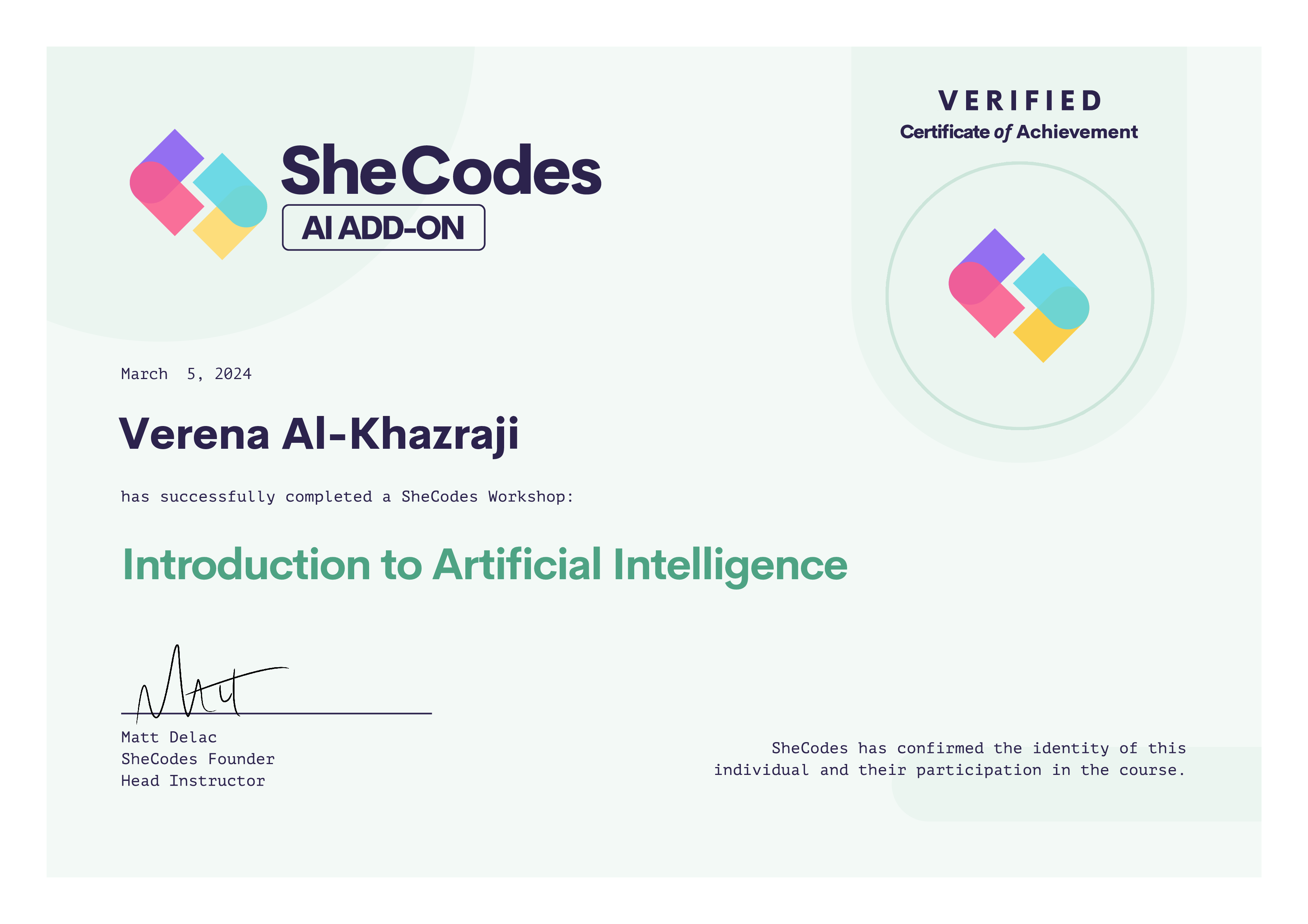 SheCodes Certificate Intro AI