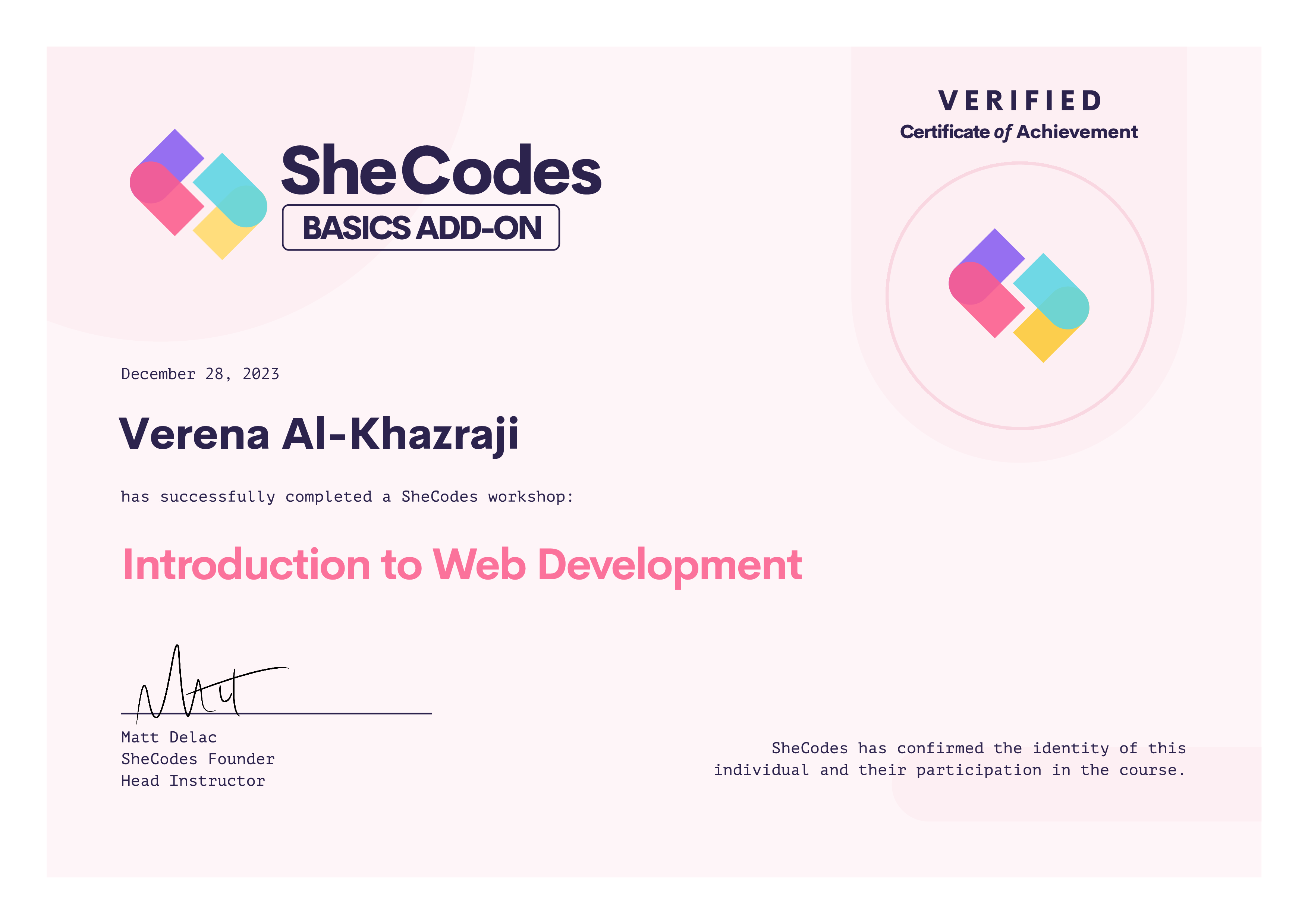 SheCodes Certificate Intro Web Development