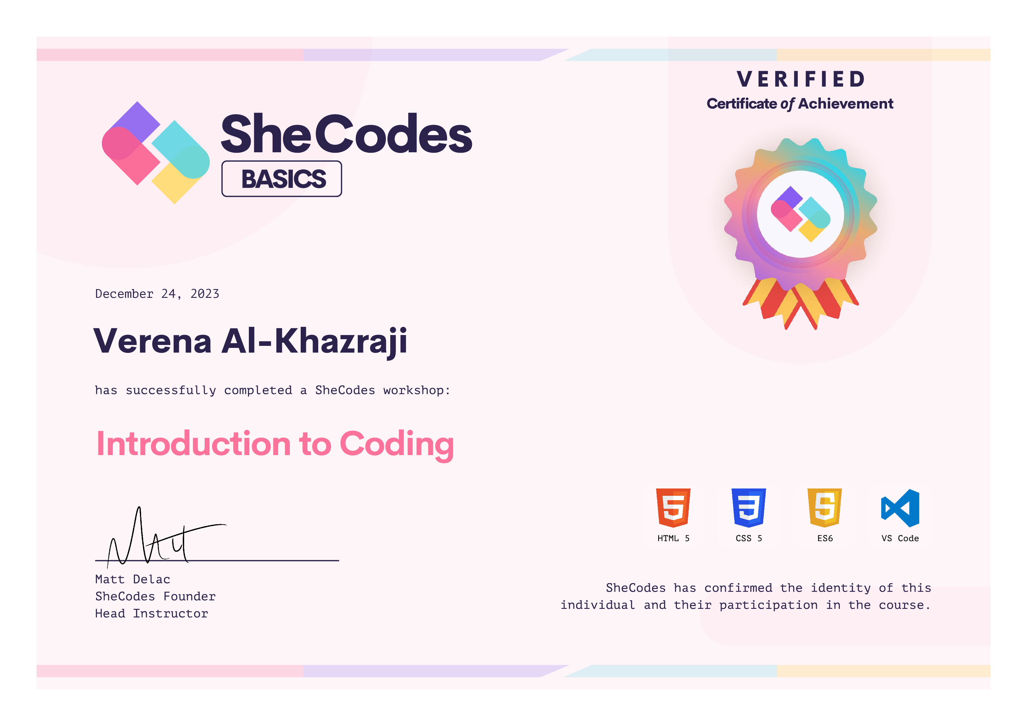 SheCodes Certificate Introduction to Coding